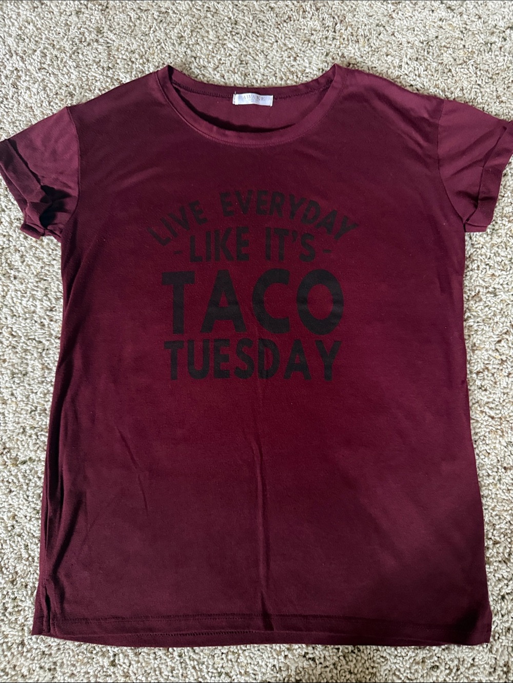 Awake Maroon Short Sleeve Tee with Black 'Taco Tuesday' Graphic